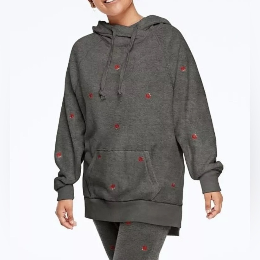 PINK Victoria’s Secret Embroidered Roses Gray Fleece Hoodie Womens Size Small
